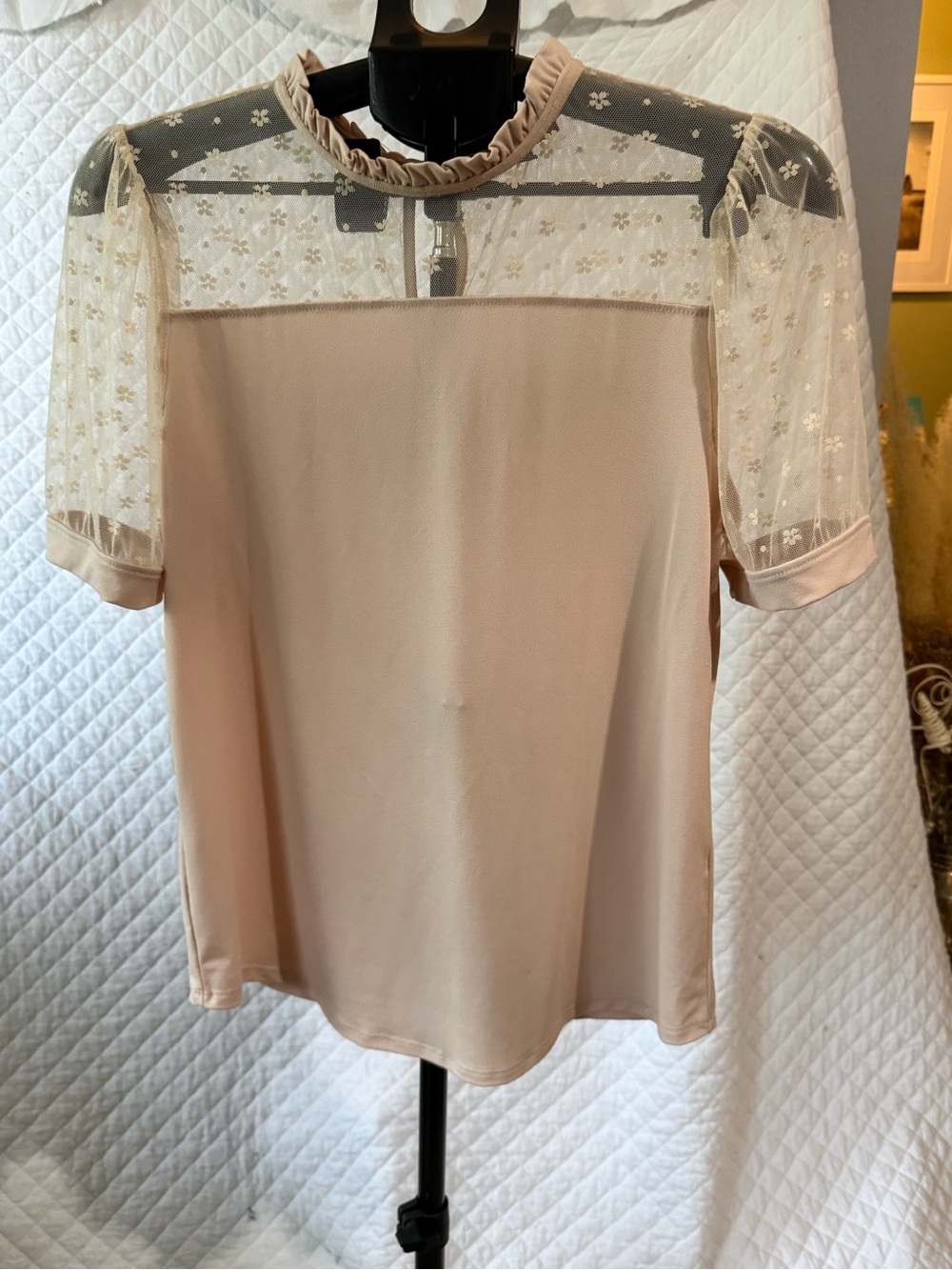 Adrianna Papell Blush Pink Lace-Yoke Short Sleeve Top with Ruffled Neck